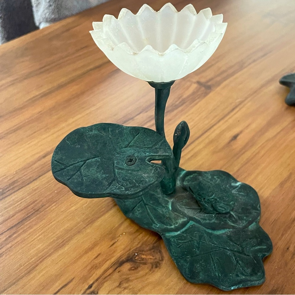 Vintage Bronze Frog on Lilly Pad Candle Holder